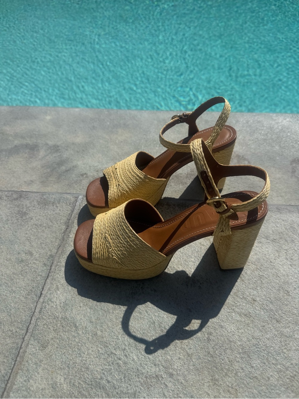 New Staud Jodie Raffia & Leather Beige Black Platform Sandals Size EU 38 US 8